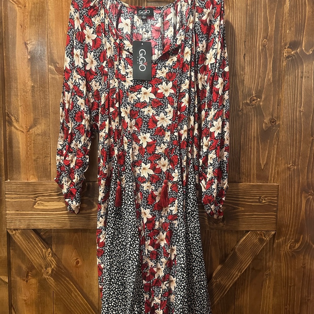 GIGIO Red Floral Midi Dress with Cream Accents